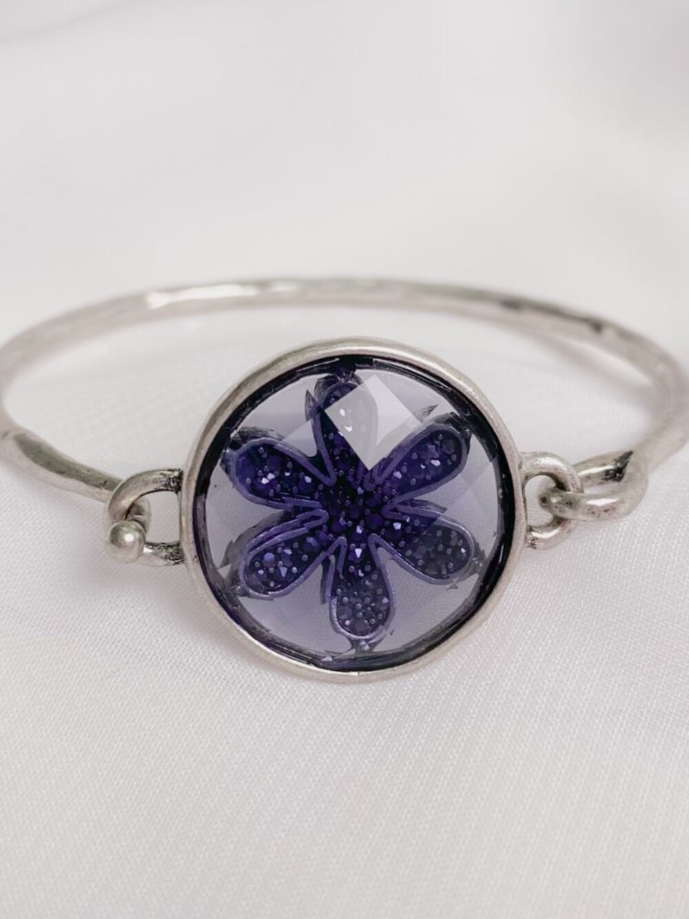 Lucky Brand Purple Crystal Flower Round Jewel Gem Boho Silver Bangle Bracelet - Picture 4 of 10
